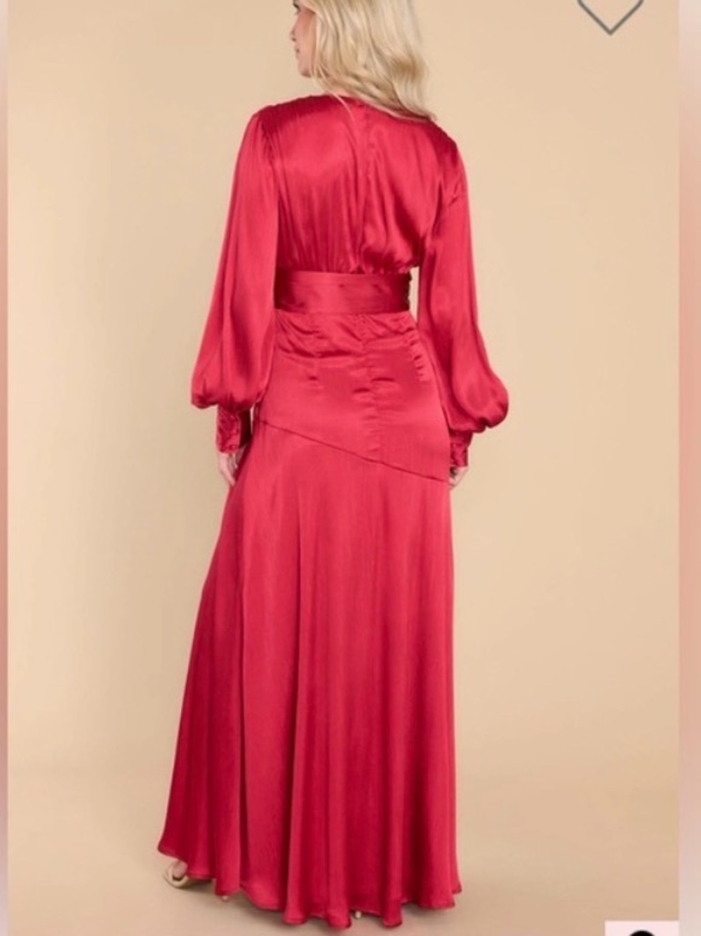 Ina Red Long Sleeve Satin Maxi Dress with Belt - Picture 2 of 8
